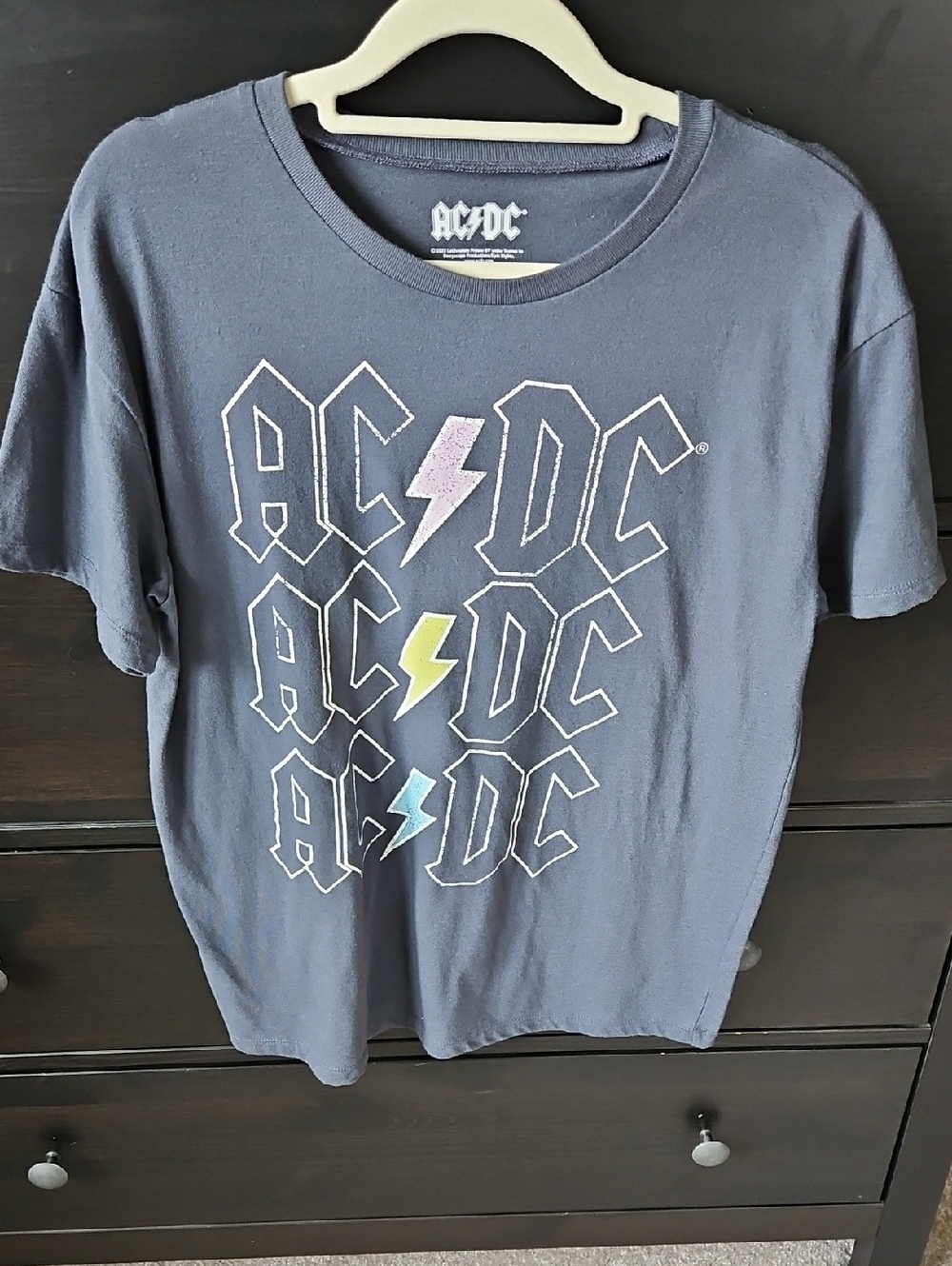 AC/DC Navy Tee with Pink, Yellow & Light Blue Lightning Bolts